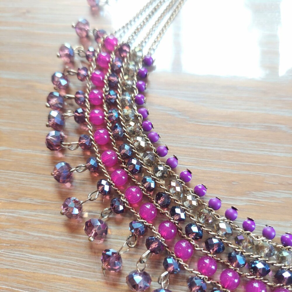 Vintage Beaded Brass Bib Necklace with Crystals - Picture 2 of 6